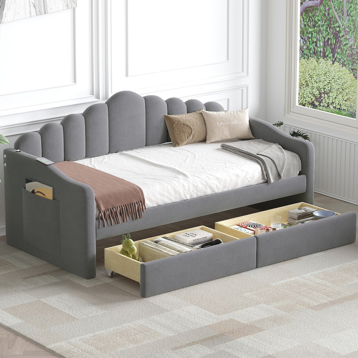 Twin size Upholstered Daybed with 2 Drawers ,Velvet Sofabed with USB Charging Ports,No Box-spring Needed