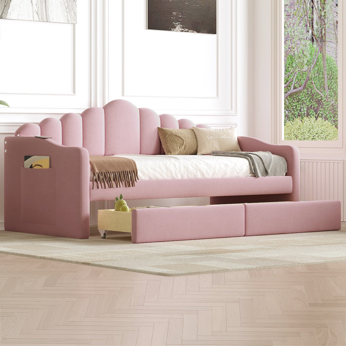 Twin size Upholstered Daybed with 2 Drawers ,Velvet Sofabed with USB Charging Ports,No Box-spring Needed