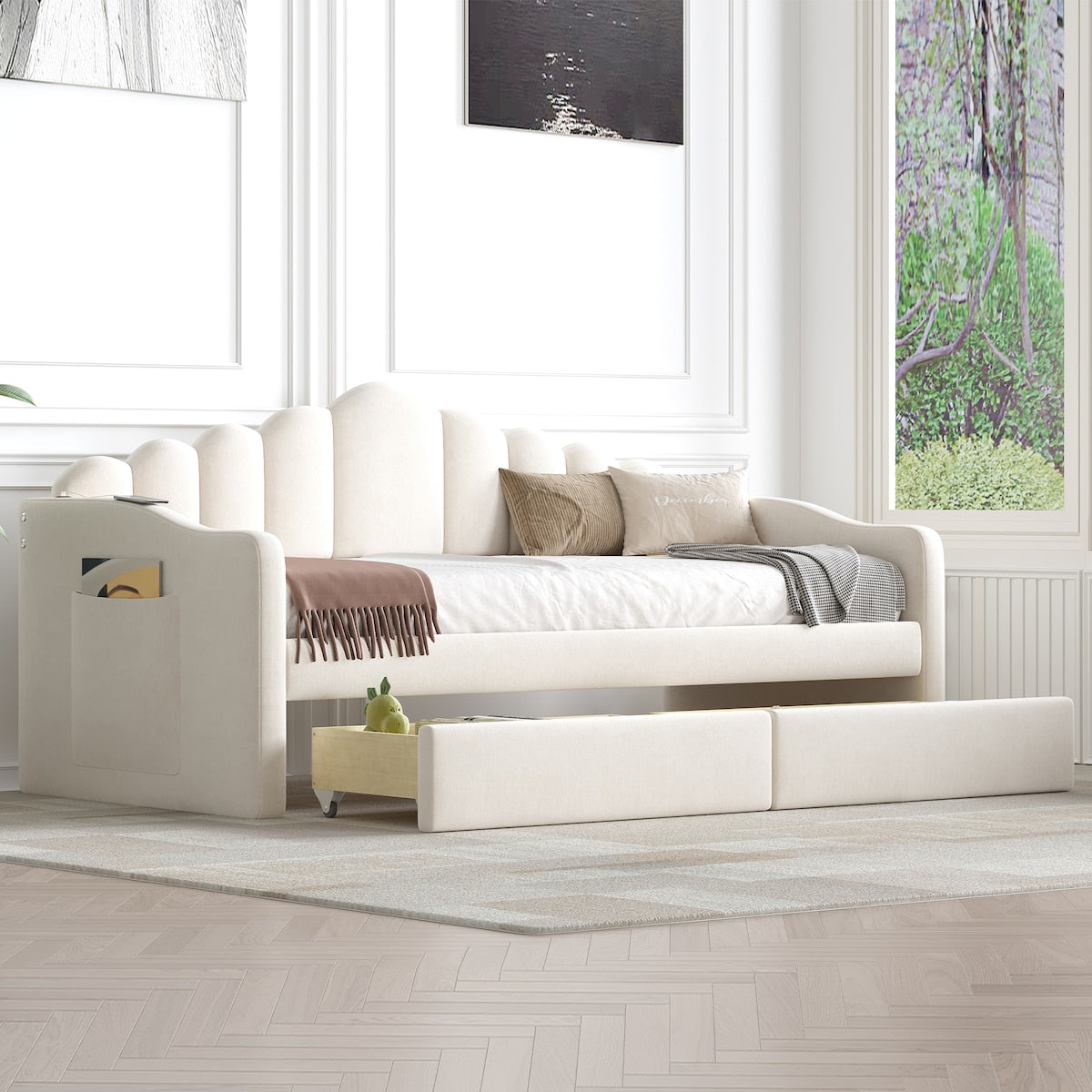 Twin size Upholstered Daybed with 2 Drawers ,Velvet Sofabed with USB Charging Ports,No Box-spring Needed