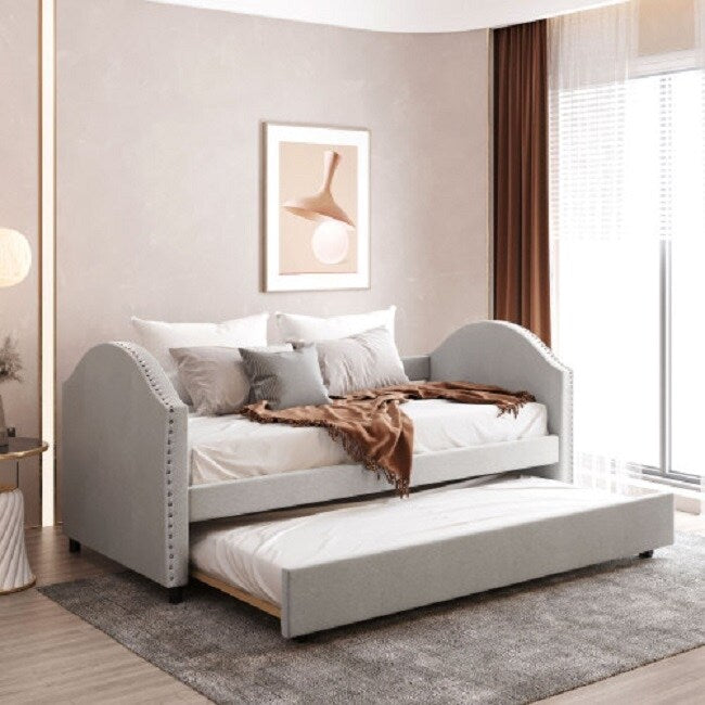 Twin size Upholstered Daybed with Twin Size Trundle, Wood Slat Support, Beige
