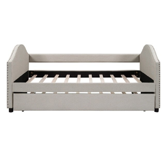 Twin size Upholstered Daybed with Twin Size Trundle, Wood Slat Support, Beige