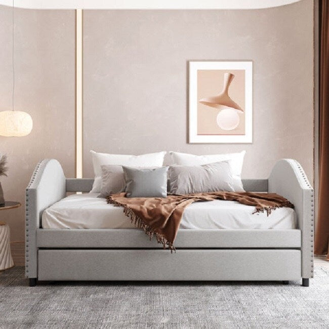 Twin size Upholstered Daybed with Twin Size Trundle, Wood Slat Support, Beige
