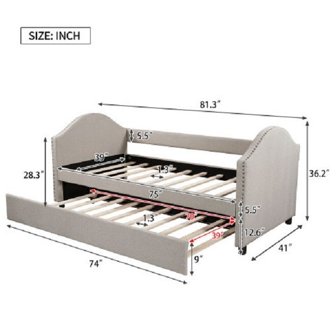 Twin size Upholstered Daybed with Twin Size Trundle, Wood Slat Support, Beige