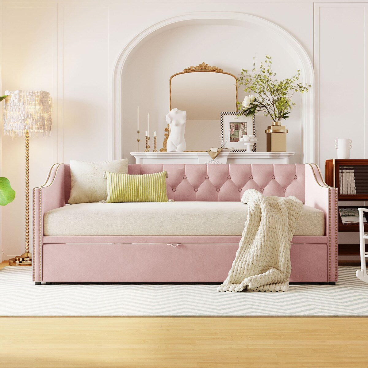 Twin to King Daybed with Pop Up Trundle Button Tufted Backrest and Wo
