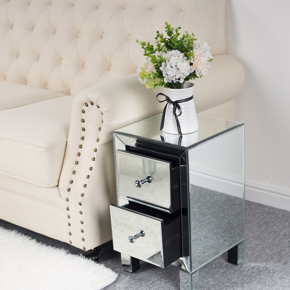 Two Drawer Mirror Bedside Table Silver