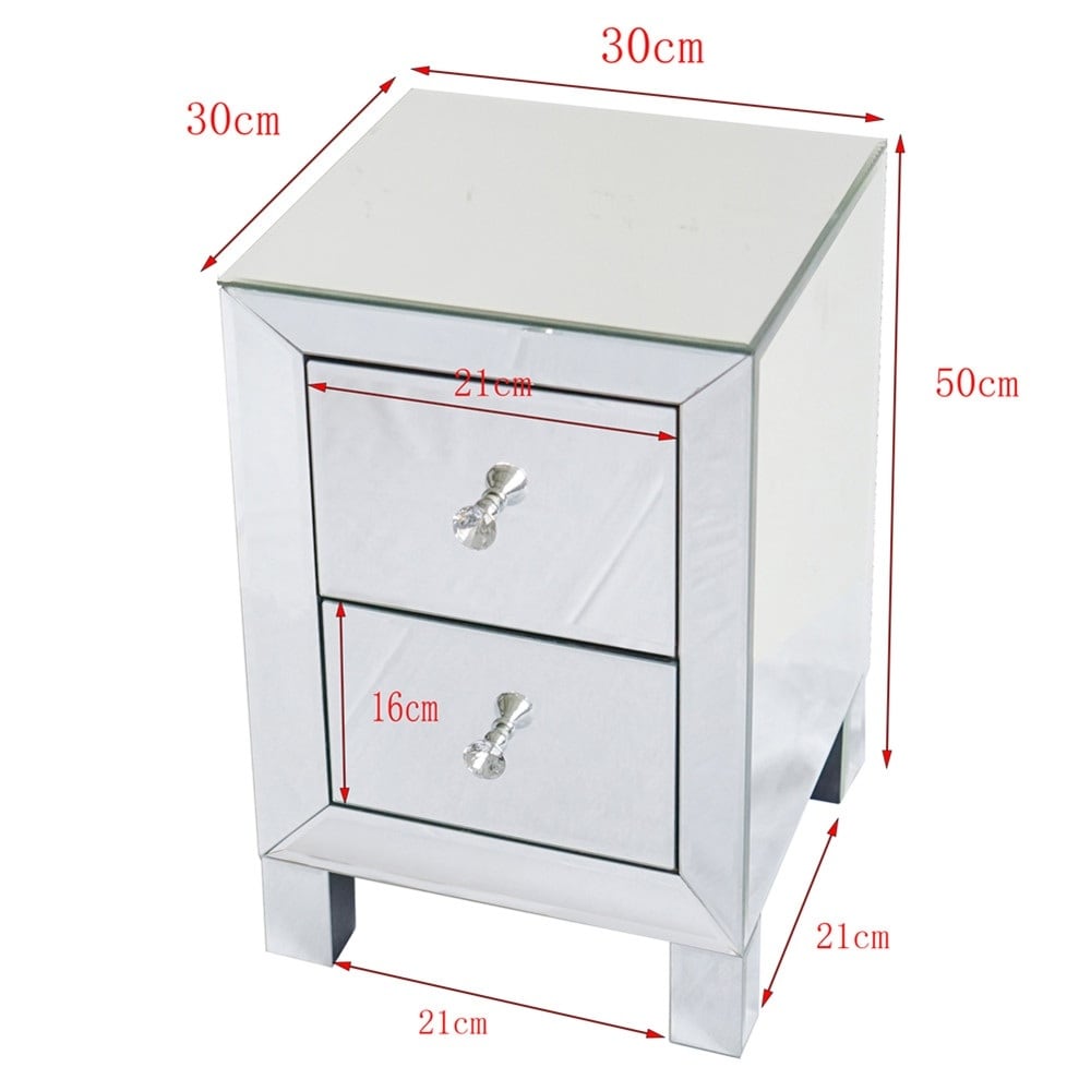 Two Drawer Mirror Bedside Table Silver