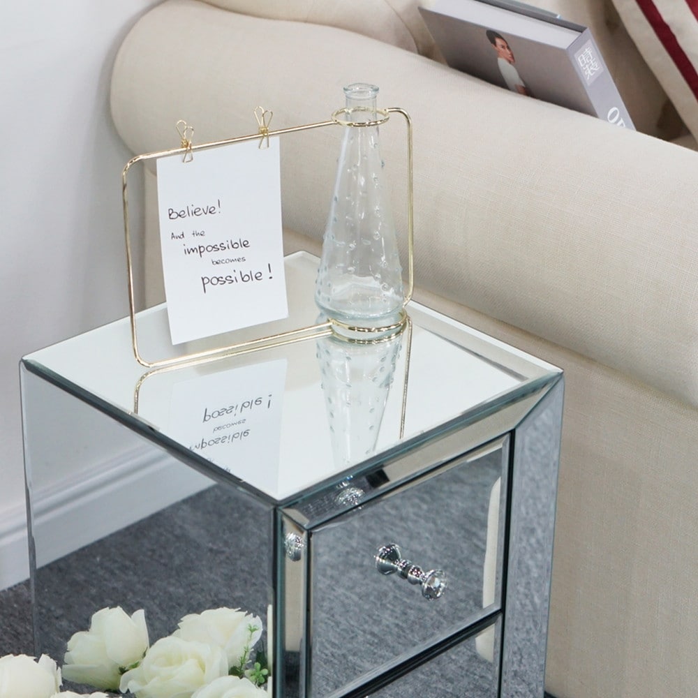 Two Drawer Mirror Bedside Table Silver