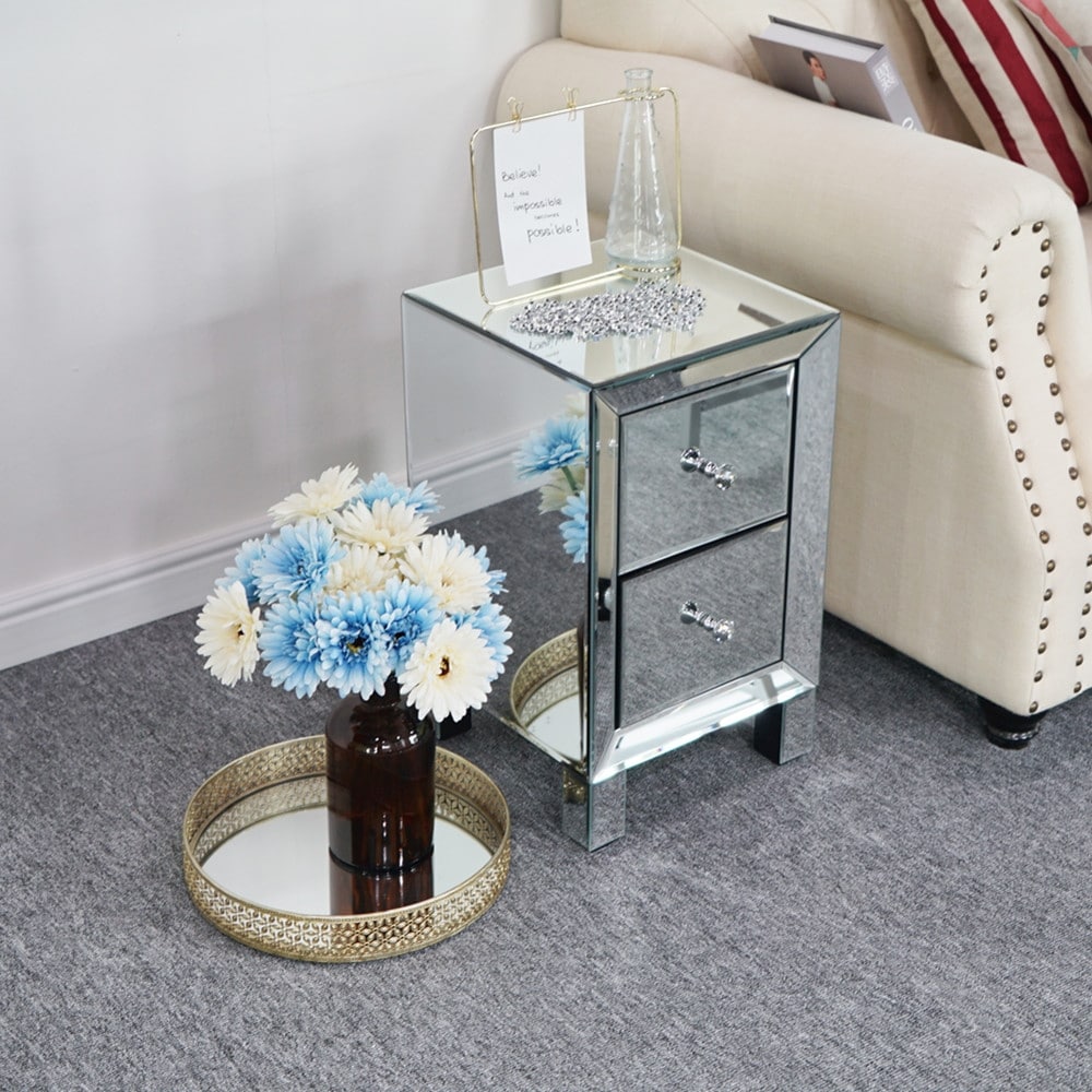 Two Drawer Mirror Bedside Table Silver