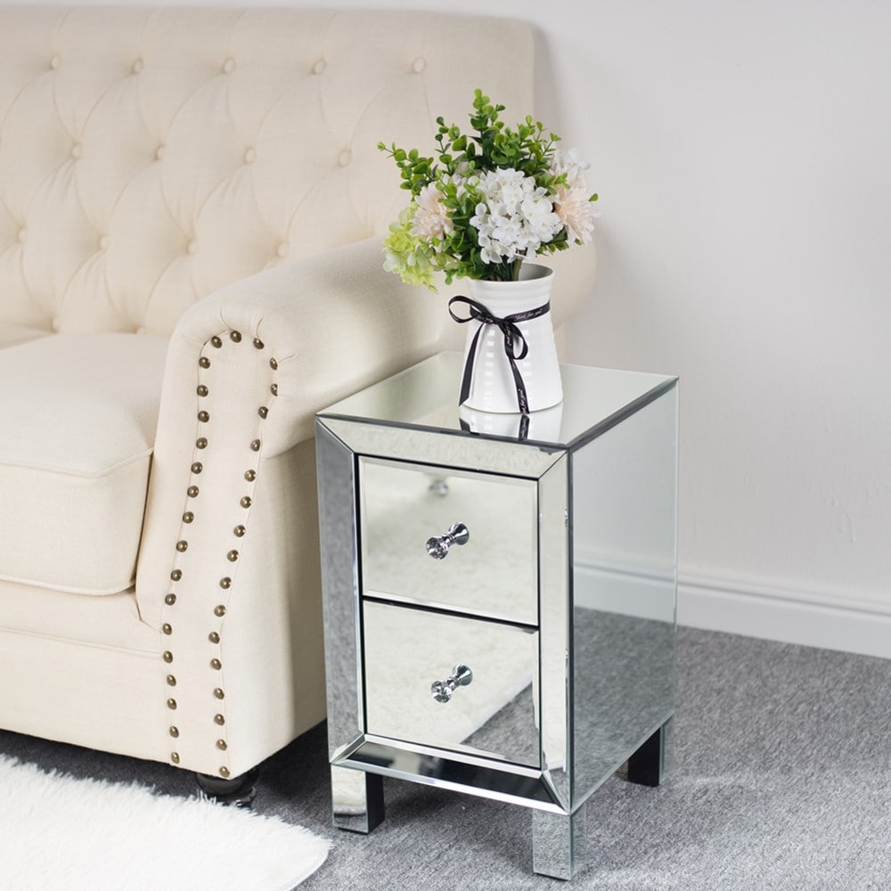 Two Drawer Mirror Bedside Table Silver
