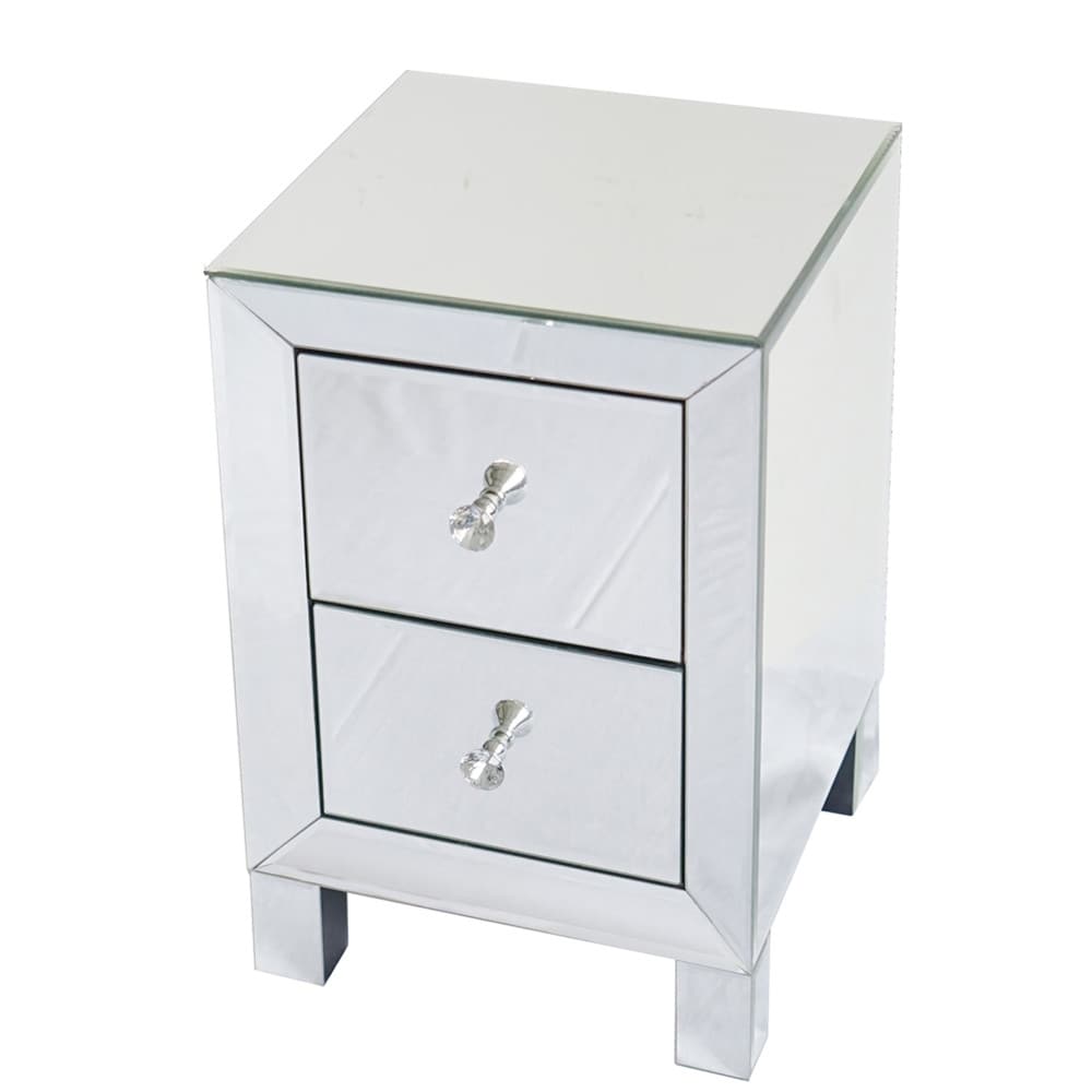 Two Drawer Mirror Bedside Table Silver