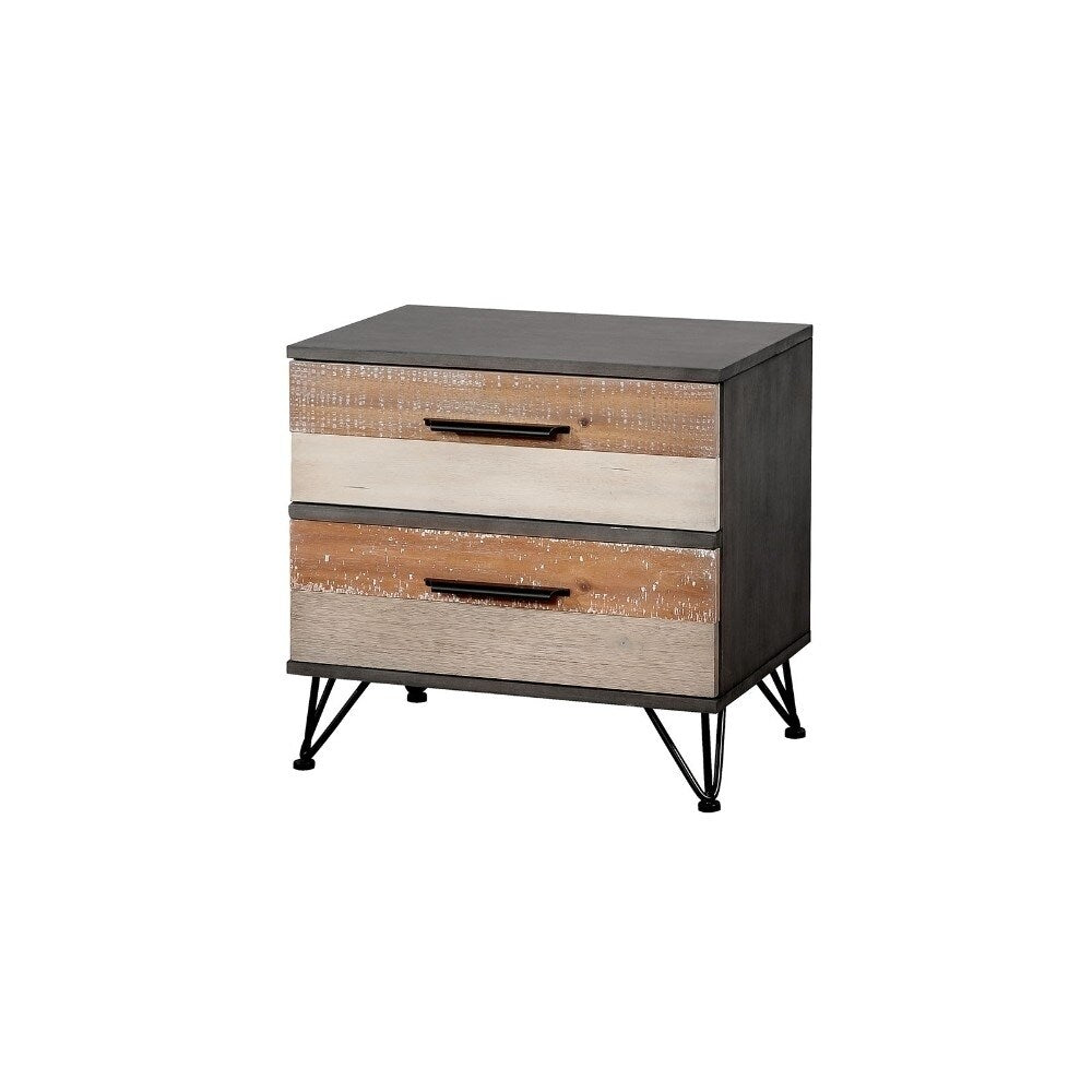 Two Drawer Solid Wood Night Stand with Triple-Bar Metal Legs, Gray