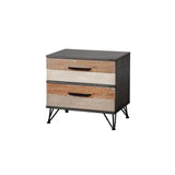Two Drawer Solid Wood Night Stand with Triple-Bar Metal Legs, Gray