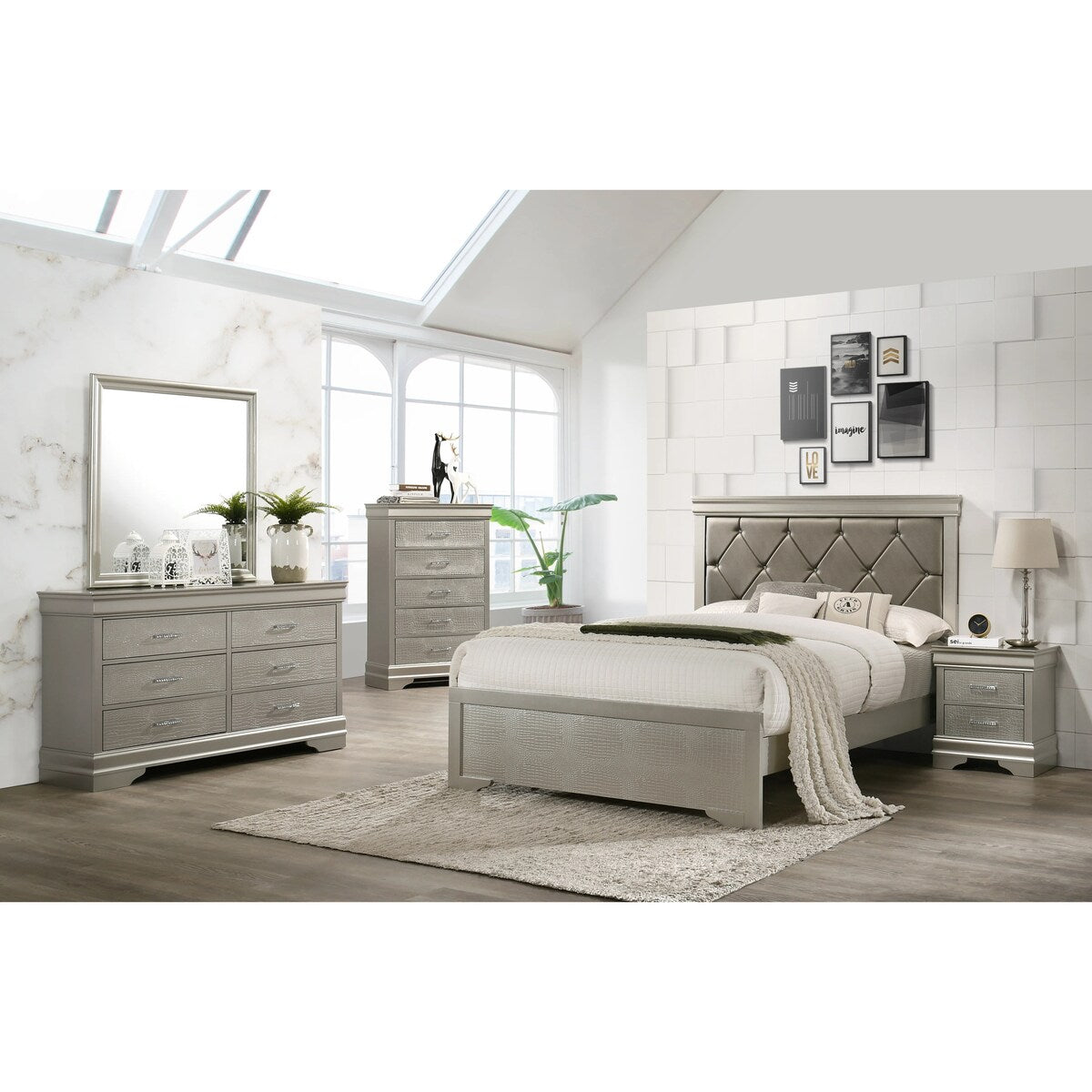 Two Drawers Nightstand Solid Wood Crystal-Like Button Tufted
