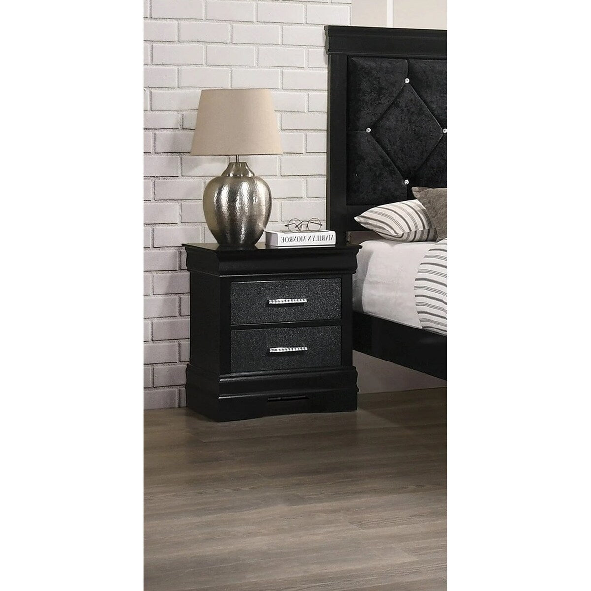 Two Drawers Nightstand Black Finish Solid Wood Crystal-Like Button Tufted