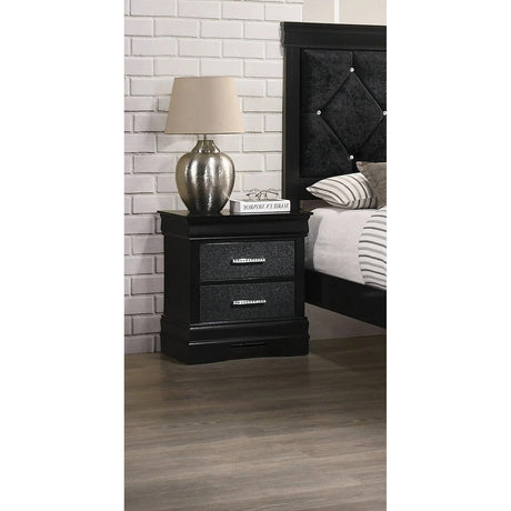 Two Drawers Nightstand Black Finish Solid Wood Crystal-Like Button Tufted
