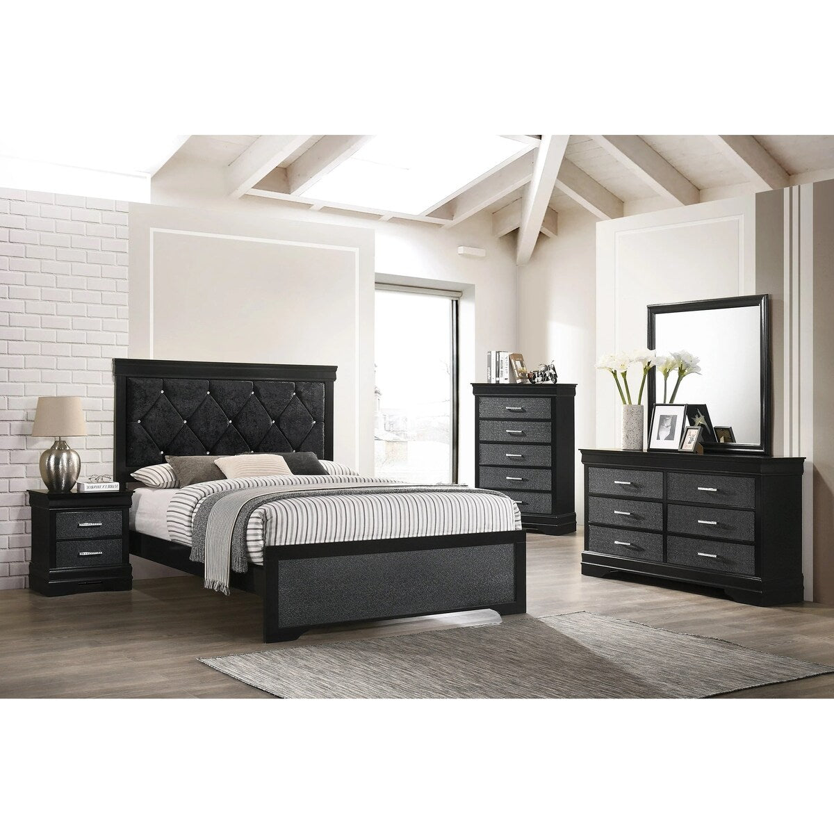 Two Drawers Nightstand Black Finish Solid Wood Crystal-Like Button Tufted