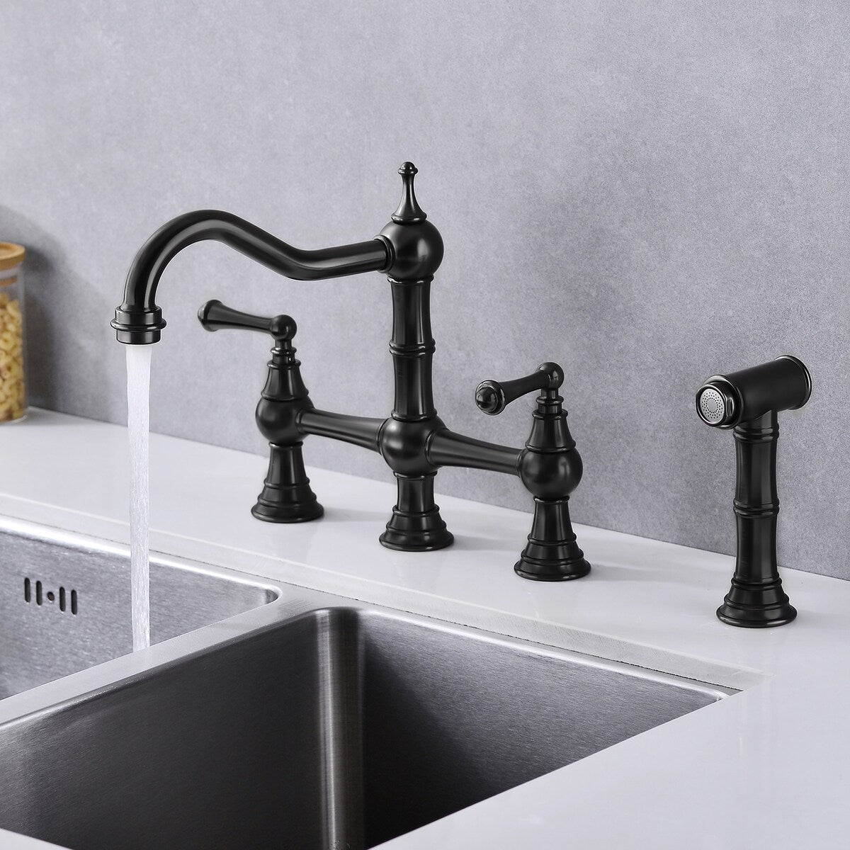 Two-Handles Bridge Kitchen Faucet with Side Sprayer