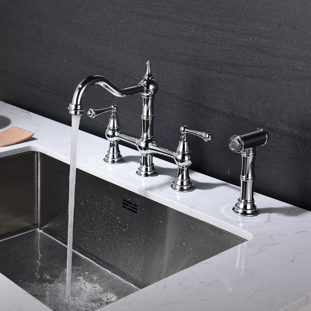 Two-Handles Bridge Kitchen Faucet with Side Sprayer