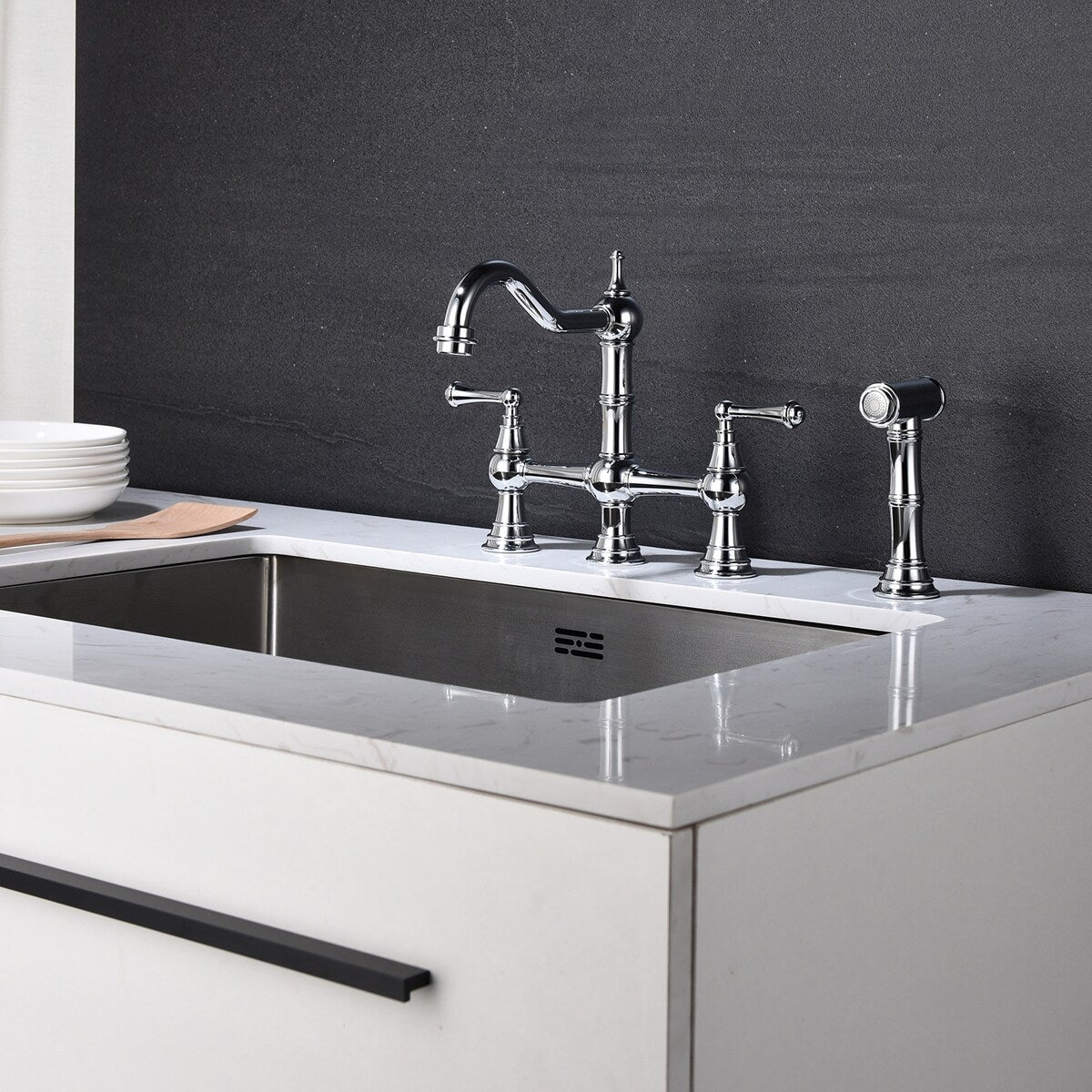 Two-Handles Bridge Kitchen Faucet with Side Sprayer