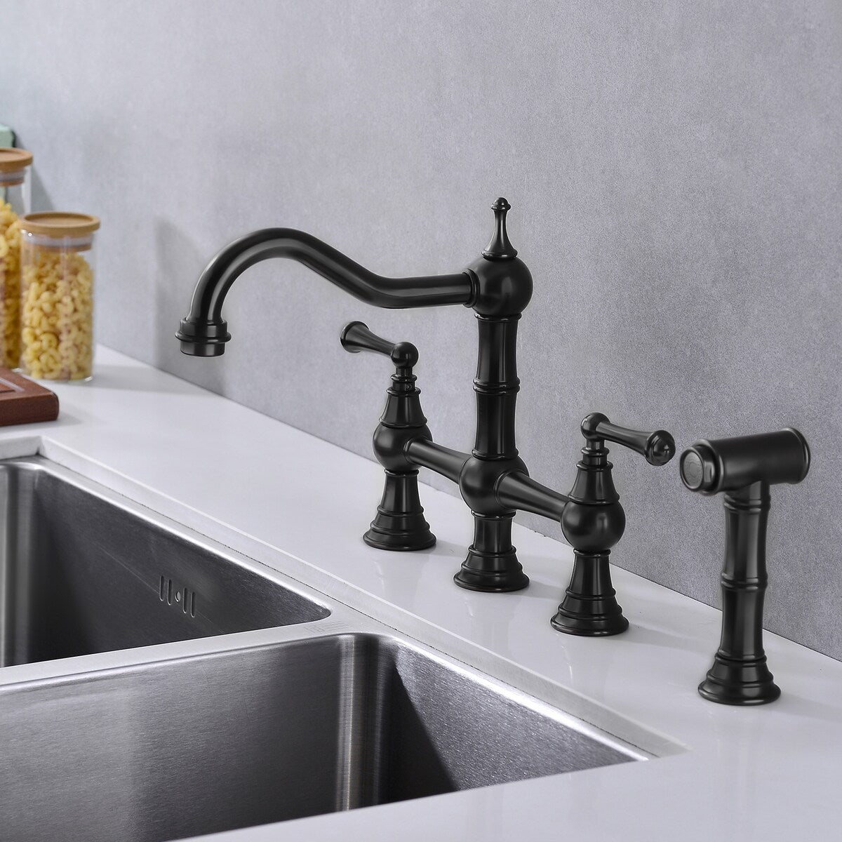 Two-Handles Bridge Kitchen Faucet with Side Sprayer