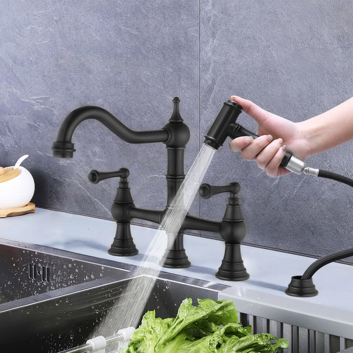 Two-Handles Bridge Kitchen Faucet with Side Sprayer