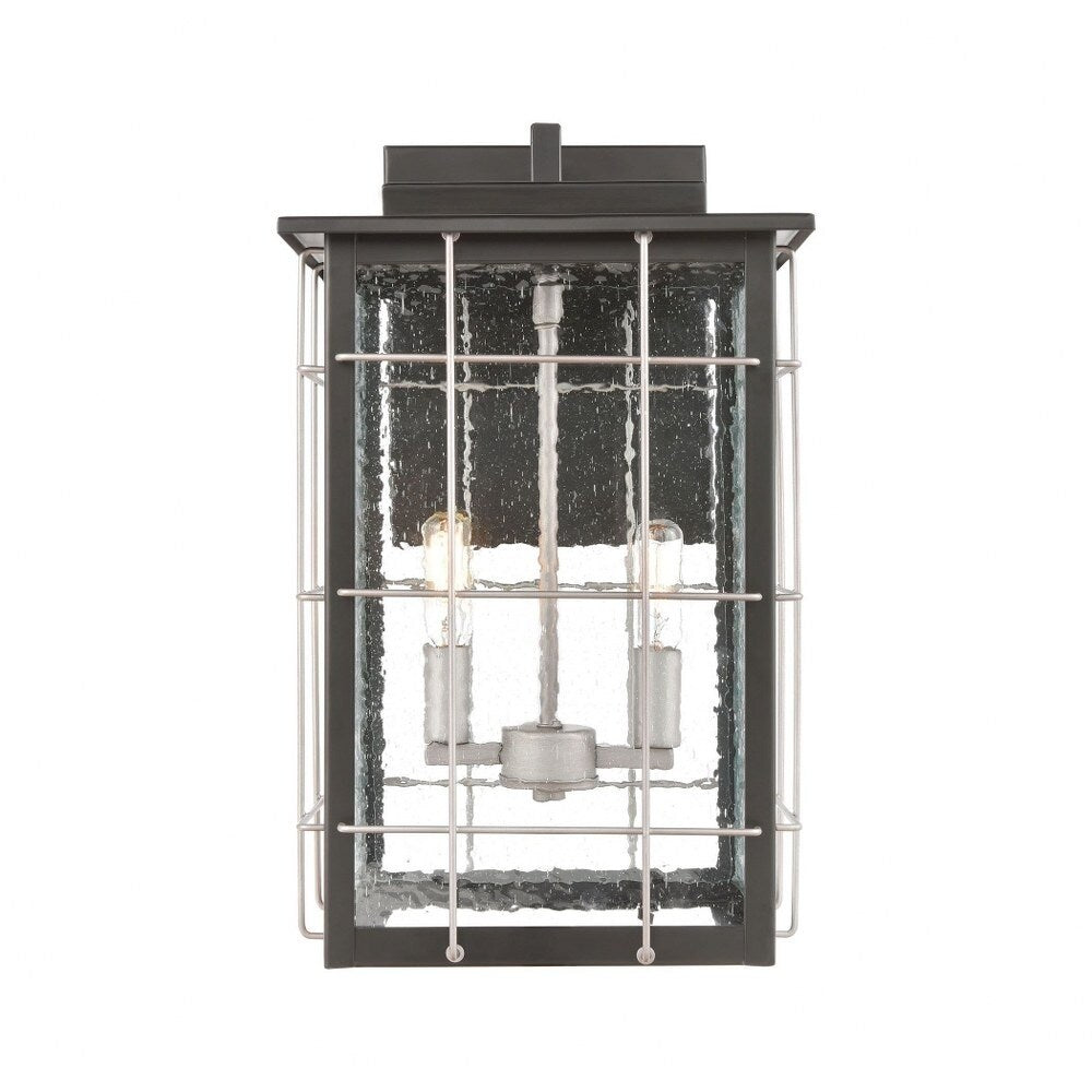 Two Light Rectangular Outdoor Wall Lantern with Exposed Bulb - English Tudor Style Porch Light Matte Black/Weathered Zi