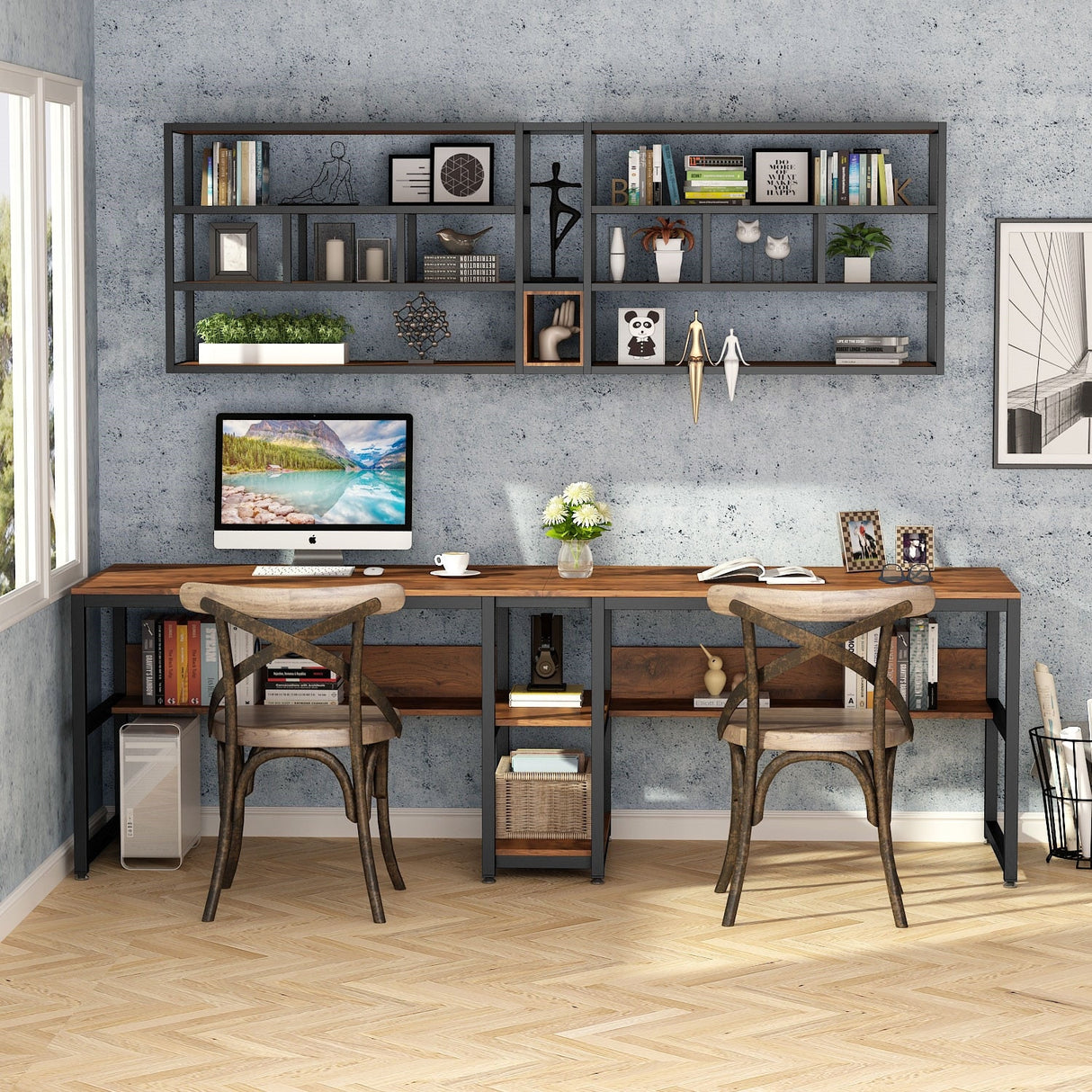 Two Person Desk with Bookshelf, Double Office Desk