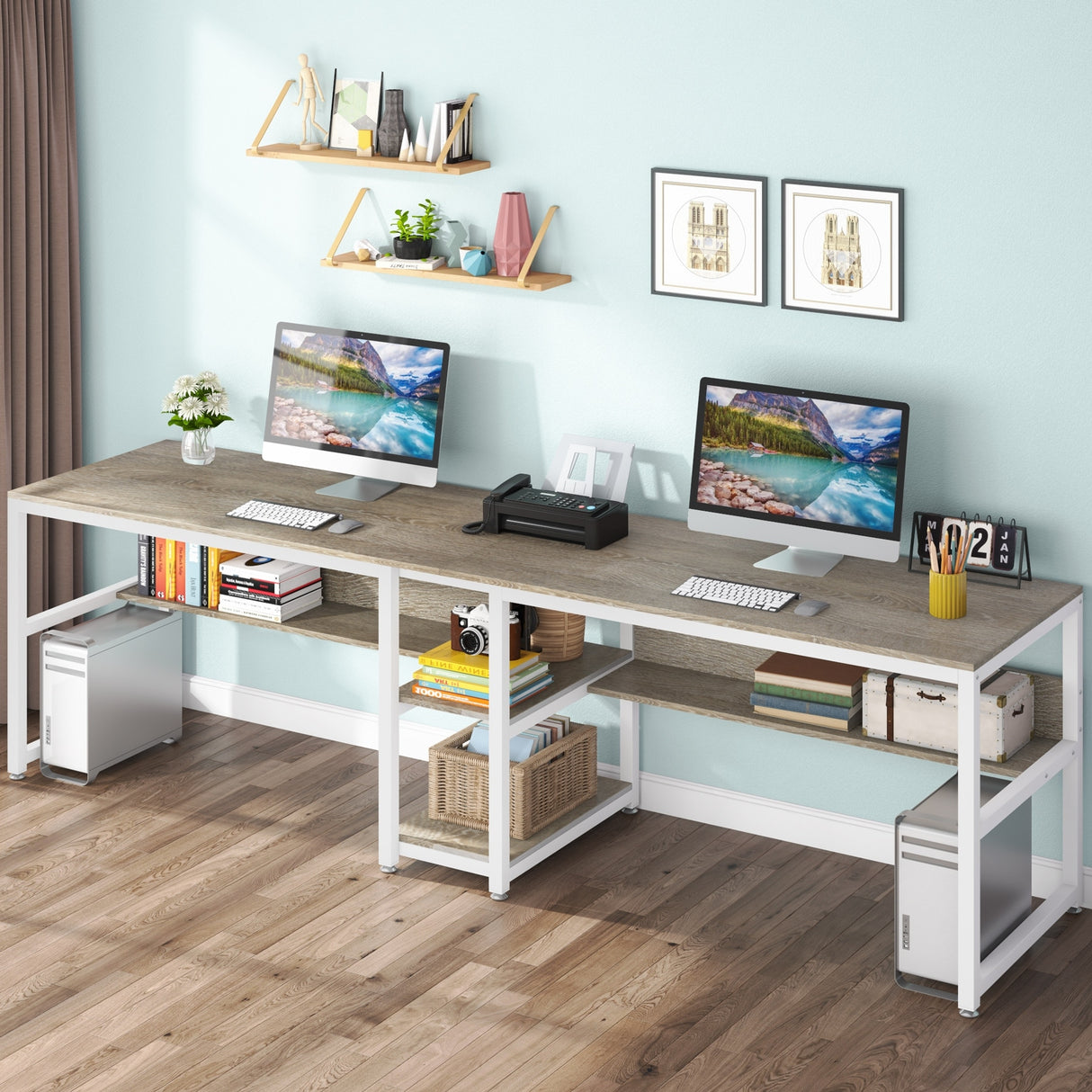 Two Person Desk with Bookshelf, Double Office Desk