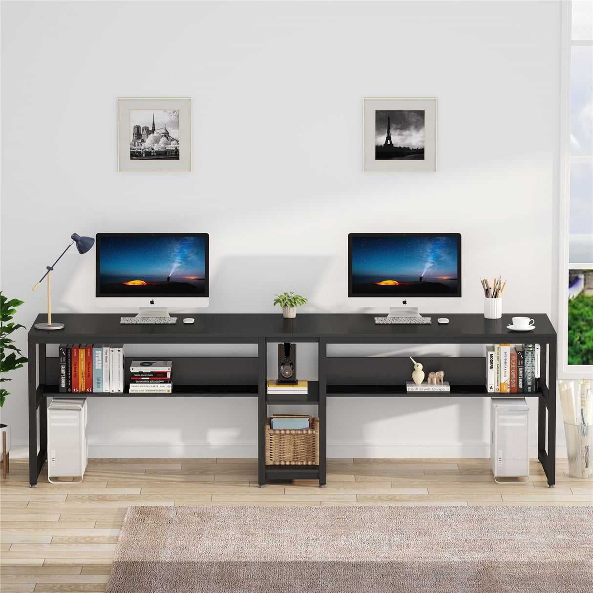 Two Person Desk with Bookshelf, Double Office Desk