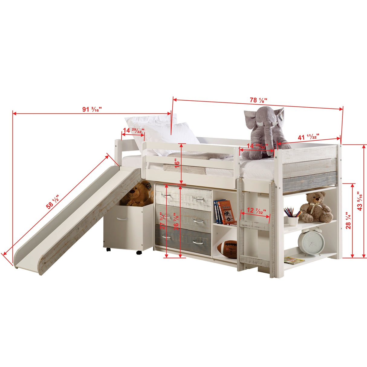 Two Tone Twin Low Loft in Grey & White with 3 Drawer Chest with Shelves, Bookcase, Toy Box and Slide