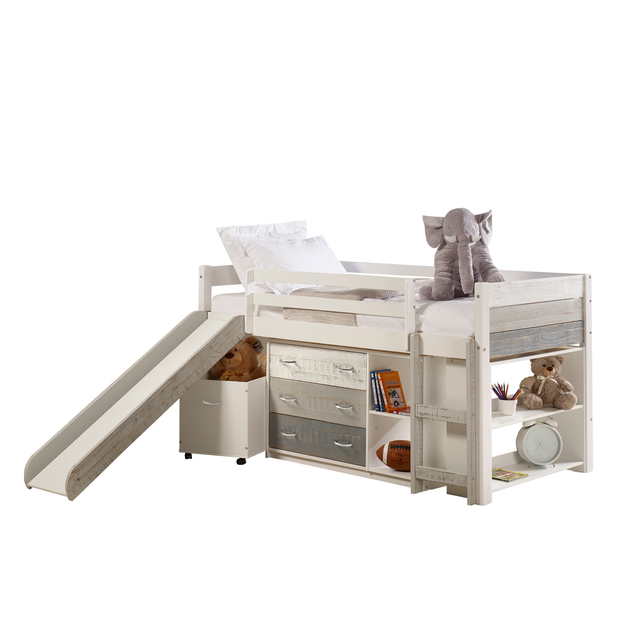 Two Tone Twin Low Loft in Grey & White with 3 Drawer Chest with Shelves, Bookcase, Toy Box and Slide