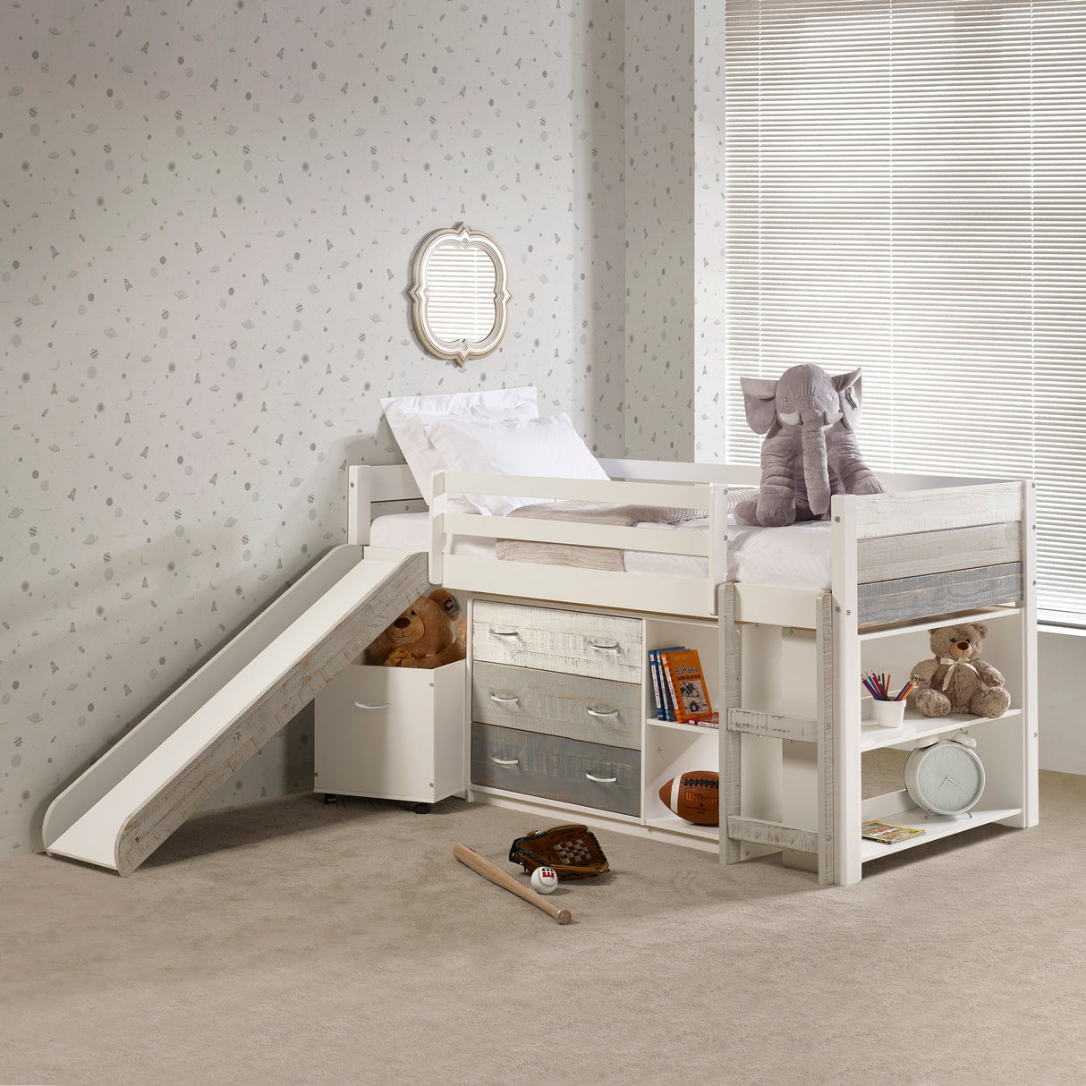 Two Tone Twin Low Loft in Grey & White with 3 Drawer Chest with Shelves, Bookcase, Toy Box and Slide