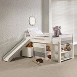 Two Tone Twin Low Loft in Grey & White with 3 Drawer Chest with Shelves, Bookcase, Toy Box and Slide