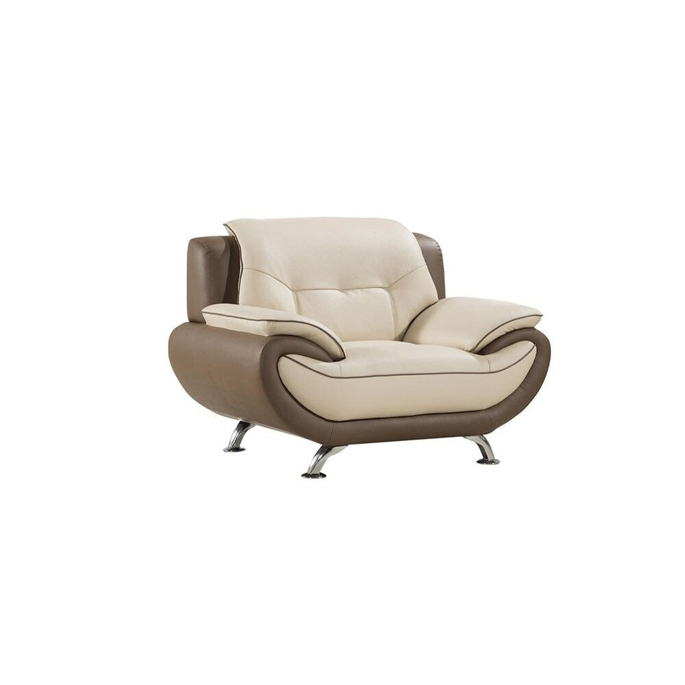 Two Toned Leather Upholstered Wooden Chair with Pillow Top Armrests, Cream and Brown