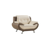 Two Toned Leather Upholstered Wooden Chair with Pillow Top Armrests, Cream and Brown