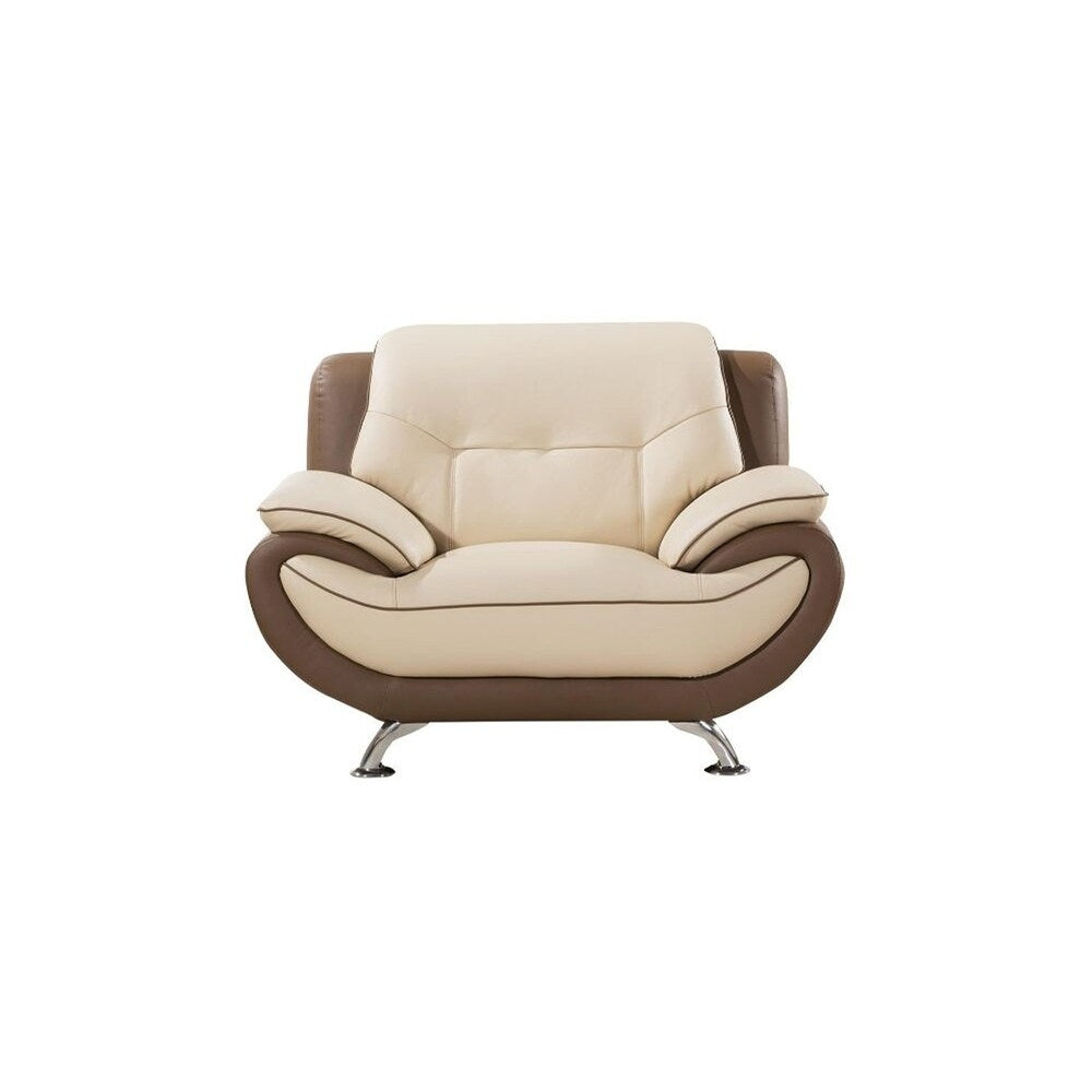 Two Toned Leather Upholstered Wooden Chair with Pillow Top Armrests, Cream and Brown