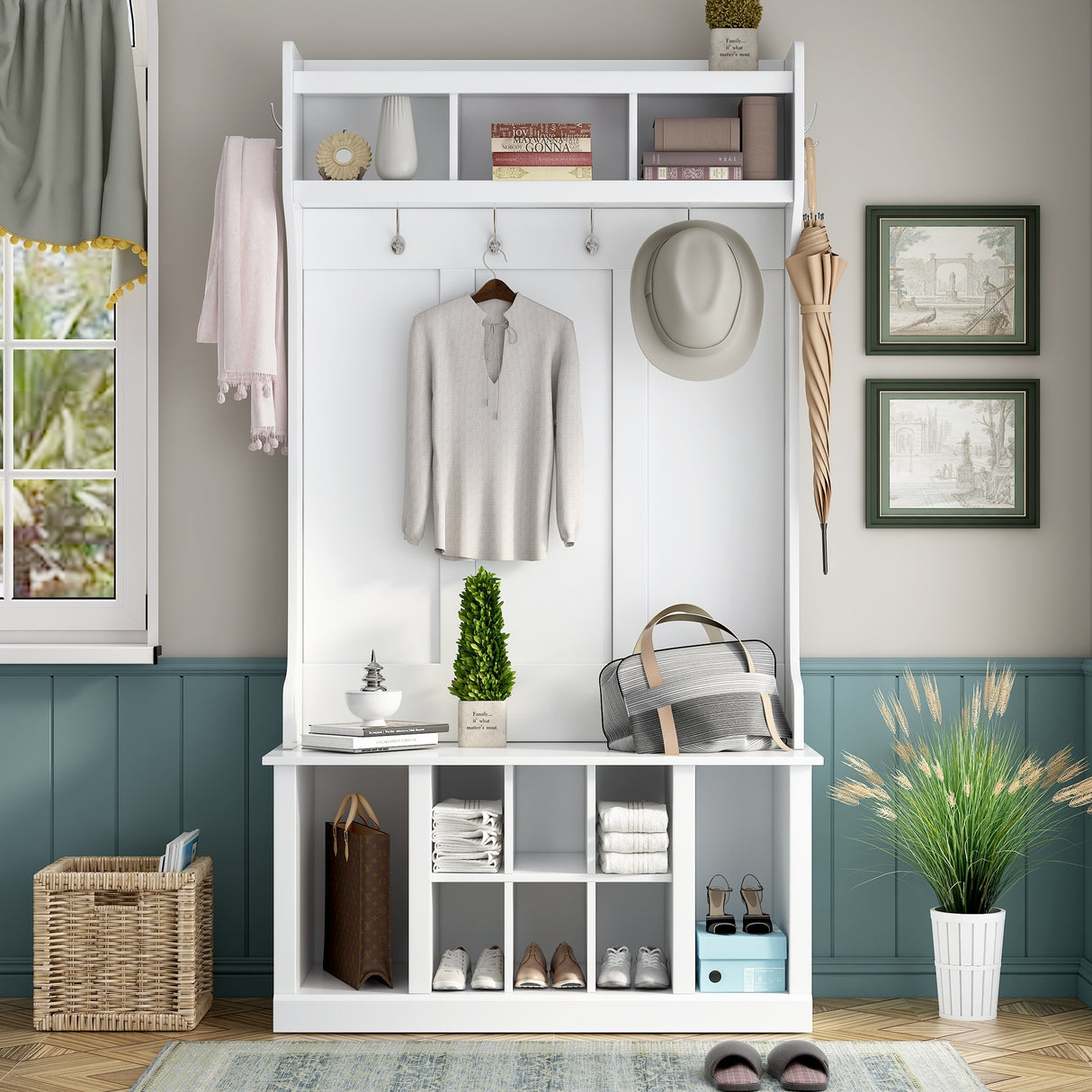 Multifunctional Hall Tree with 6 Hooks and Storage