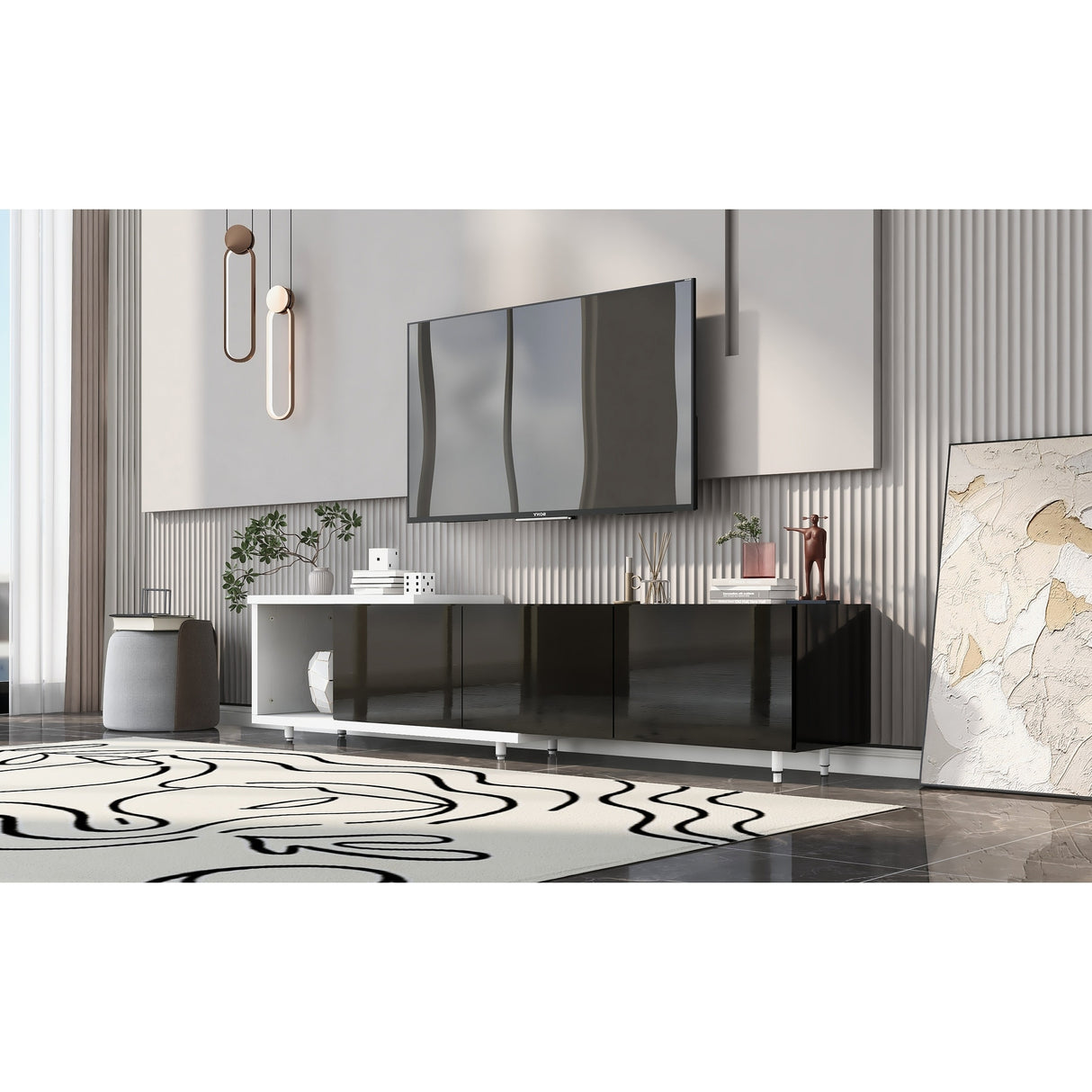Modern Lacquered Front TV Stand Media Center Storage Cabinet - 14.20 x 84.60 x 19.70