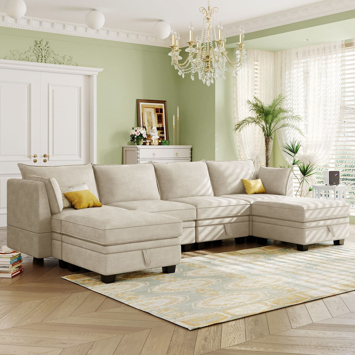 U-Shape Modular Convertible Sofa Bed With Reversible Chaise And Storage Seat