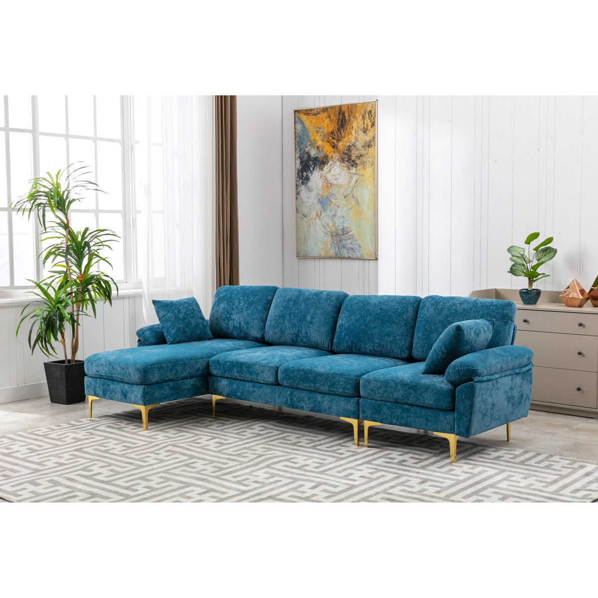 U-Shape Sectional Sofa Set Living Room Wide Cushion Accent Sofa Modern Lounge Chaise Couch with Ottoman&2 Same Color Pillows