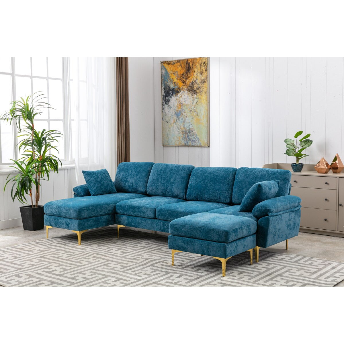 U-Shape Sectional Sofa Set Living Room Wide Cushion Accent Sofa Modern Lounge Chaise Couch with Ottoman&2 Same Color Pillows
