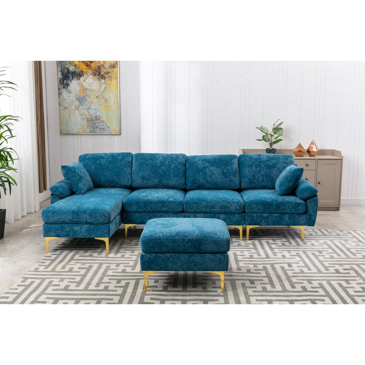 U-Shape Sectional Sofa Set Living Room Wide Cushion Accent Sofa Modern Lounge Chaise Couch with Ottoman&2 Same Color Pillows