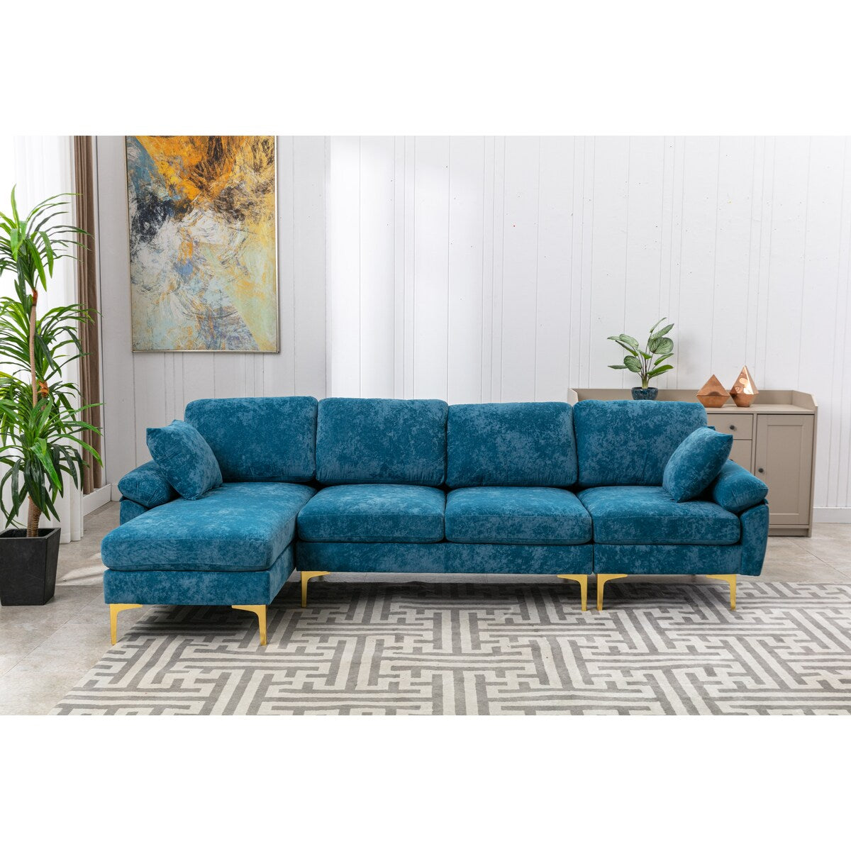 U-Shape Sectional Sofa Set Living Room Wide Cushion Accent Sofa Modern Lounge Chaise Couch with Ottoman&2 Same Color Pillows