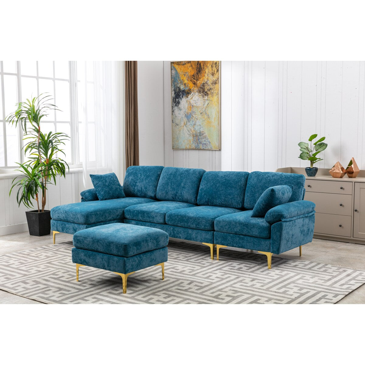 U-Shape Sectional Sofa Set Living Room Wide Cushion Accent Sofa Modern Lounge Chaise Couch with Ottoman&2 Same Color Pillows