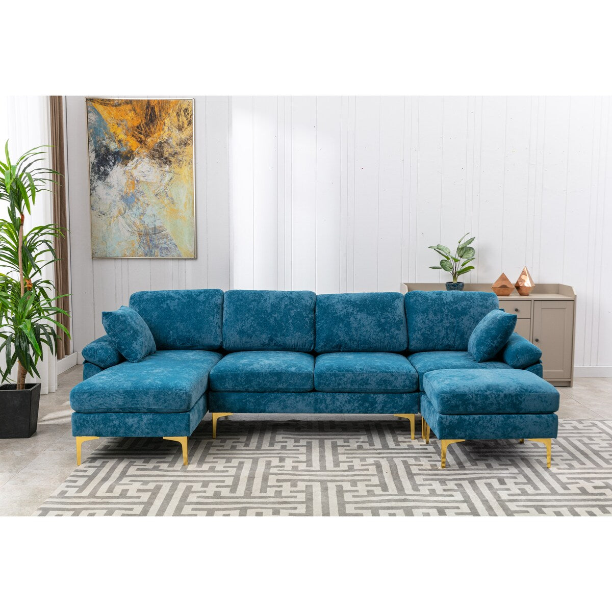 U-Shape Sectional Sofa Set Living Room Wide Cushion Accent Sofa Modern Lounge Chaise Couch with Ottoman&2 Same Color Pillows