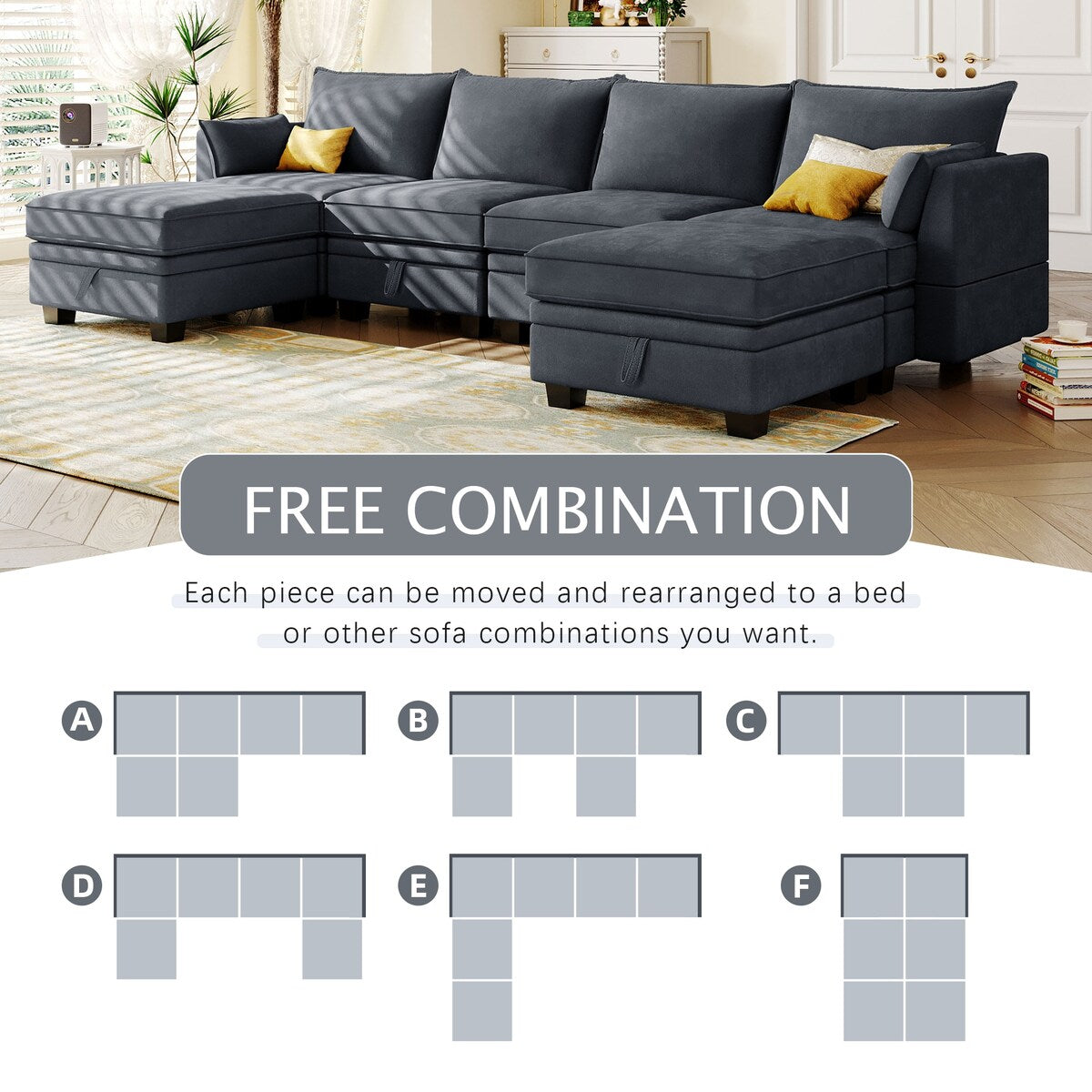 U-Shape Sectional Sofa Sets Storage Seat Sofa Bed with Chaise