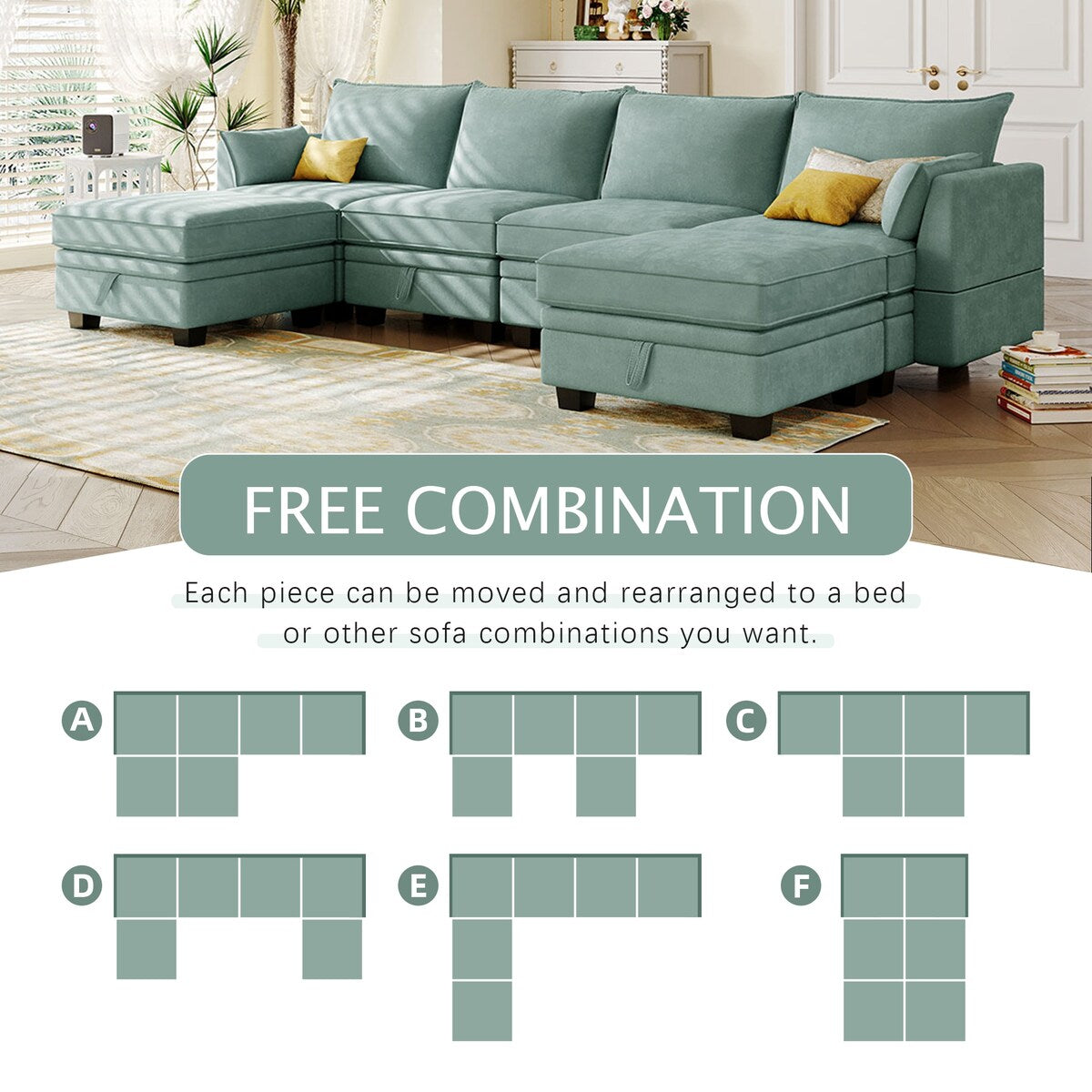 U-Shape Sectional Sofa Sets Storage Seat Sofa Bed with Chaise