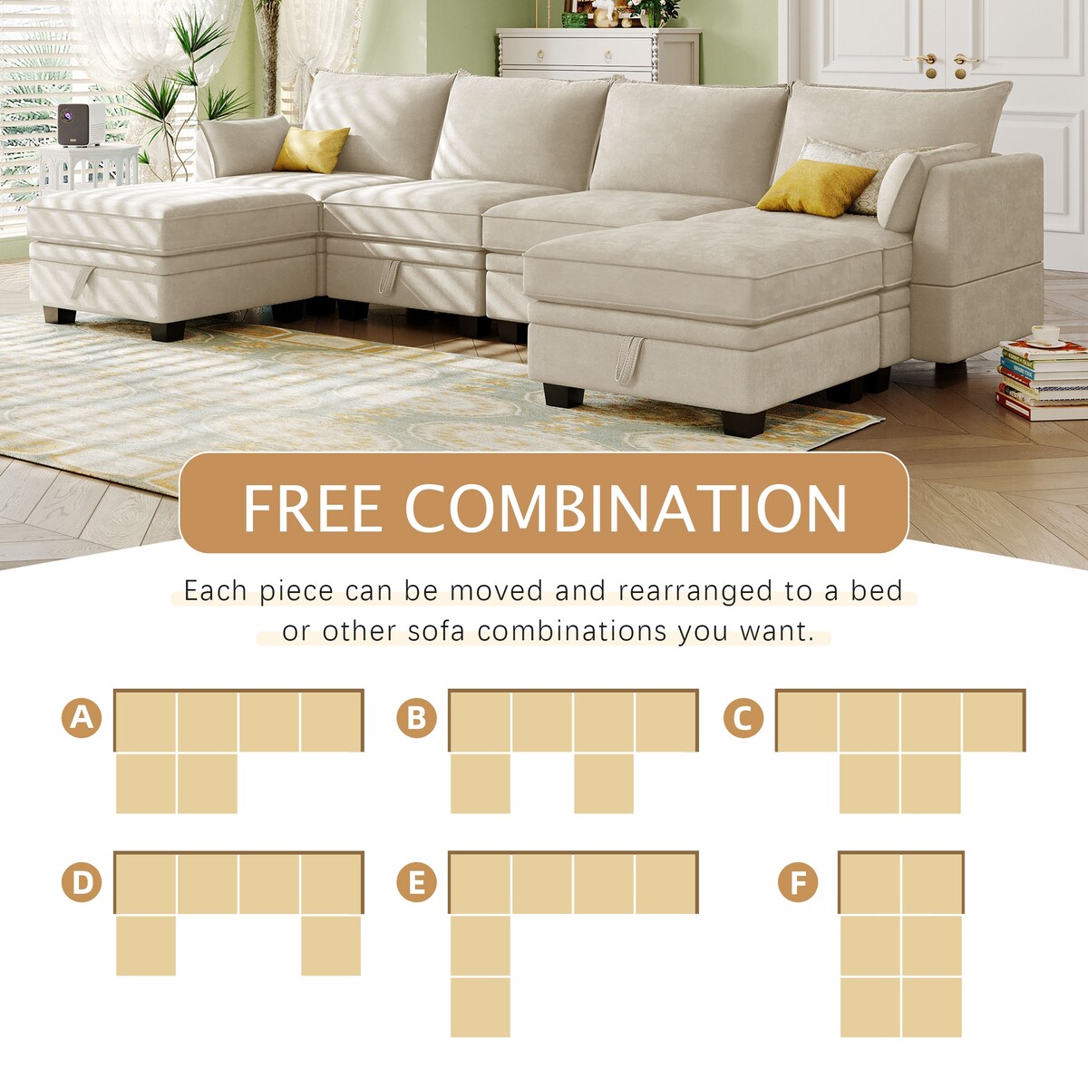 U-Shape Sectional Sofa Sets Storage Seat Sofa Bed with Chaise