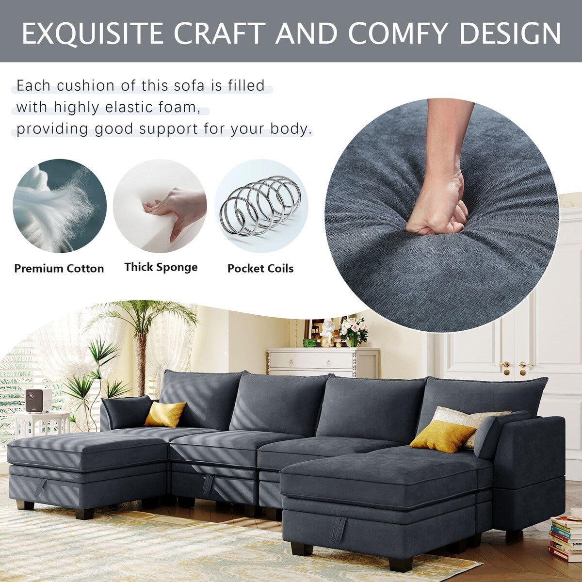 U-Shape Sectional Sofa Sets Storage Seat Sofa Bed with Chaise