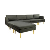 U-Shaped Convertible Sectional Sofa w/Chaise Longue & Movable Ottoman, Modern Upholstered Couch w/Metal Legs for Living Room